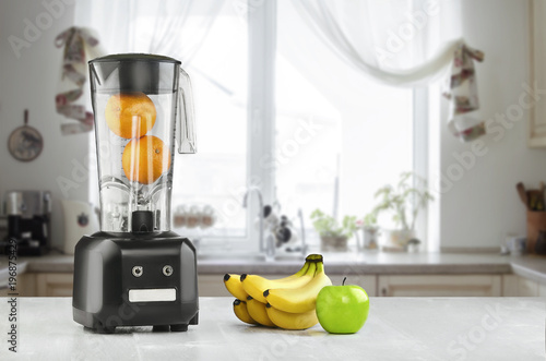 Blender, fruits and kitchen space