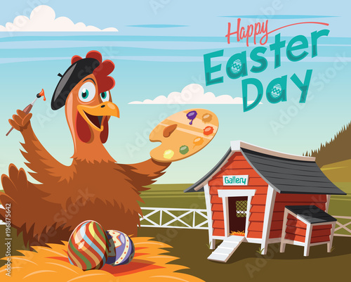 Happy Easter Day, chicken artist with decorated eggs
