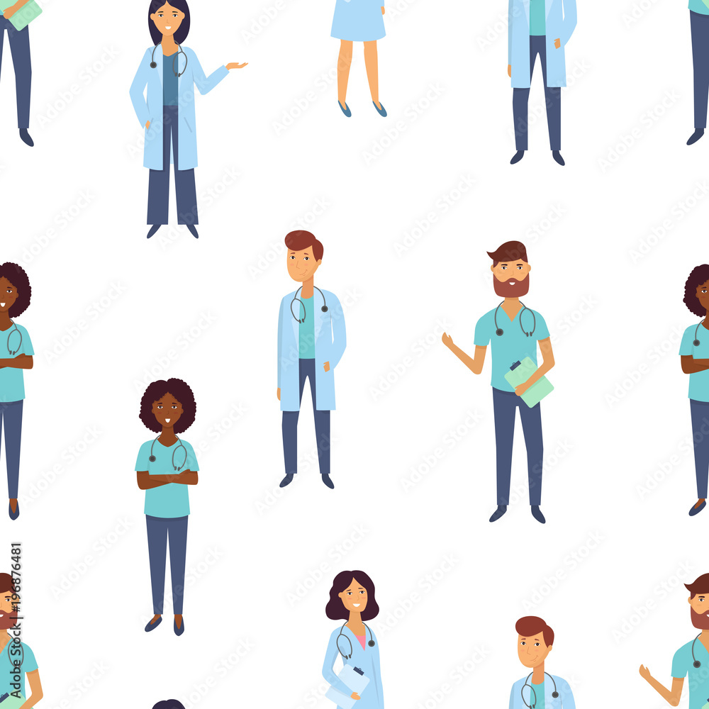 Doctors and nurses. Medical staff. Medical team seamless pattern. Flat design people character. .