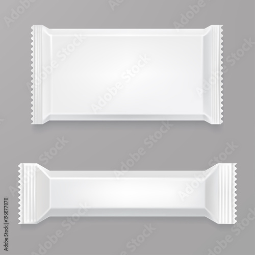 White blank chocolate bar mockup. White polyethylene package. Candy bar Plastic wrap. Front side view. Element for your design presentation. Vector mock-up. Eps 10.