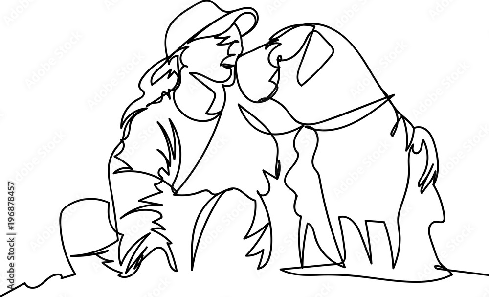 Fototapeta premium girl with a dog. one line