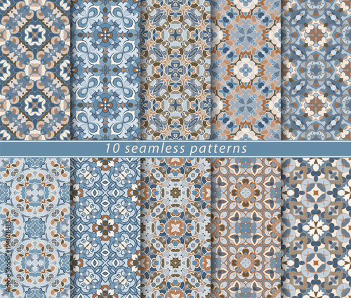 Ten seamless patterns in Oriental style. Eastern ornaments for design fabric, wrapping paper or scrapbooking. Vector illustration in blue and brown colors.