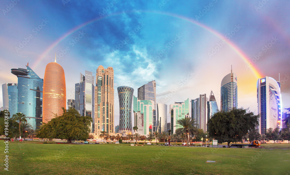 Fototapeta premium Rainbow over Doha city, Qatar