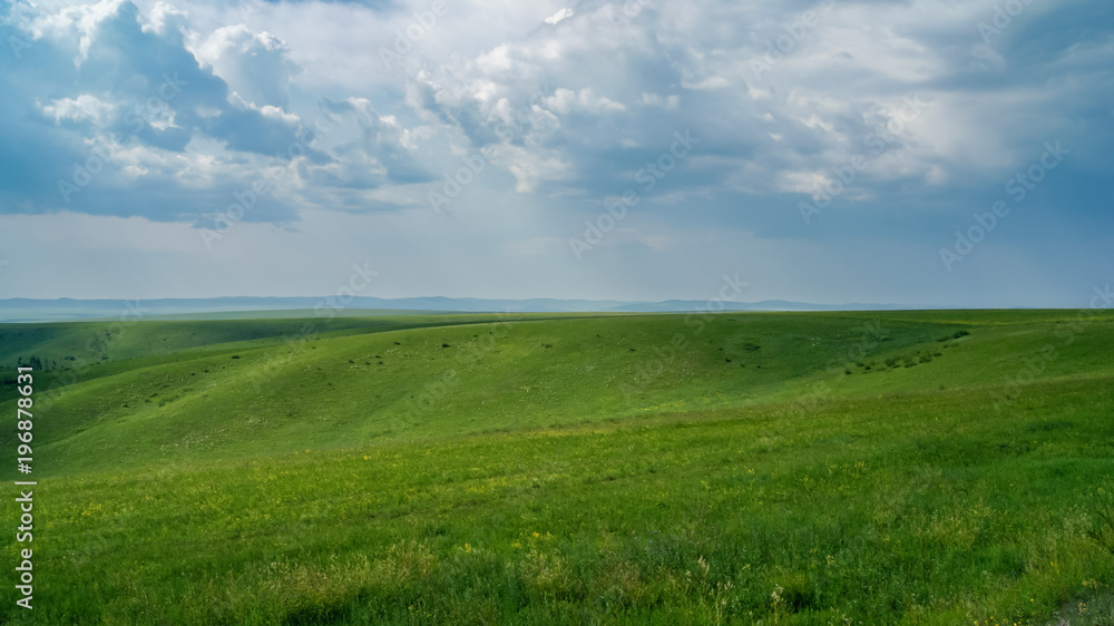 Beautiful rural landscape with green field and cloudy sky