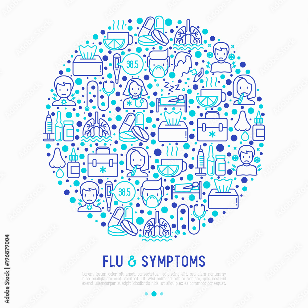 Flu and symptoms concept in circle thin line icons: temperature, chills, heat, runny nose, bed rest, pills, doctor with stethoscope, nasal drops, cough, phlegm in the lungs. Vector illustration. Flu and symptoms concept in circle thin line icons: temperature, chills, heat, runny nose, bed rest, pills, doctor with stethoscope, nasal drops, cough, phlegm in the lungs. Vector illustration.