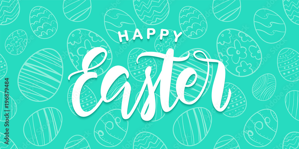 Greeting card with handwritten lettering of Happy Easter on blue hand drawn eggs background Greeting card with handwritten lettering of Happy Easter on blue hand drawn eggs background