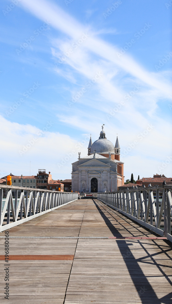 Venice Italy floating votive bridge in wood and steel which connect the Church of the Redeemer