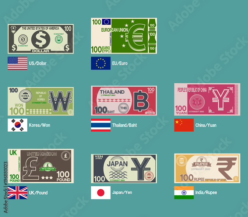 Set of foreign banknote design on transparent background
