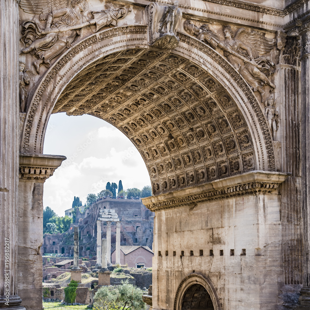 Roman Forum, The Arch of Septimius Severus in Rome. The Triumphal Arch of Emperor Septimius Severus, Roman forum, Rome, Italy.