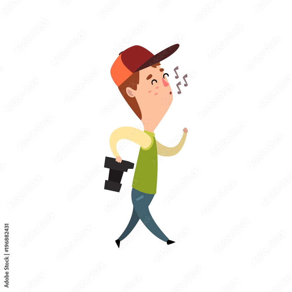 Male photographer with photo camera whistling, paparazzi, blogger or journalist vector Illustration on a white background