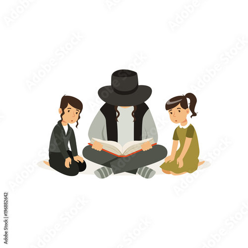 Father with children sitting on floor and reading book about religion Torah . Jewish family. Man and his little kids boy and girl . Cartoon flat vector design