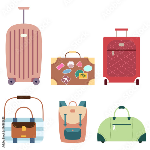 Suitcase and travel bags vector set of cartoon flat luggage icons isolated on white background.