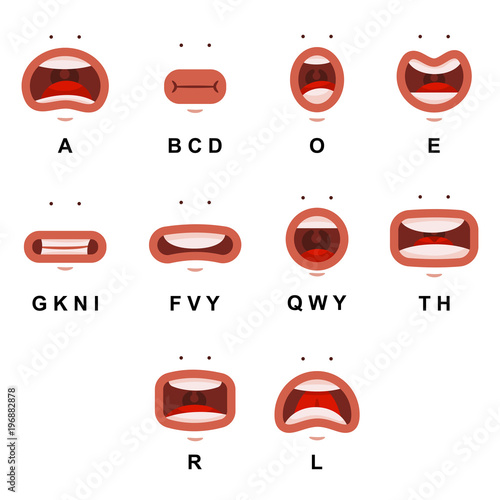 Mouth animation with cute eyes. Vector cartoon flat lips talk expression character isolated on a white background.
