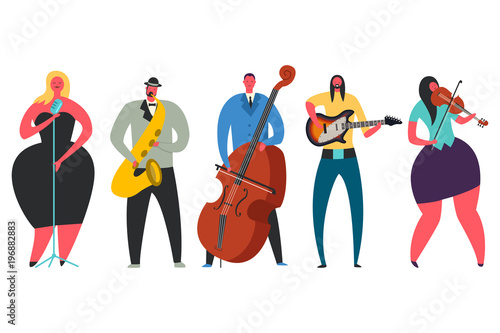 Singer, guitarist, saxophonist, double bass player, violinist character collection. Jas, pop, rock and classical music performers. Vector flat set of man and woman with musical instruments isolated.