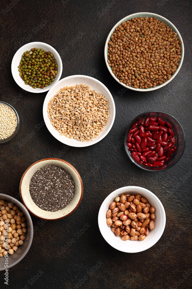 Various beans and cereals in bowls