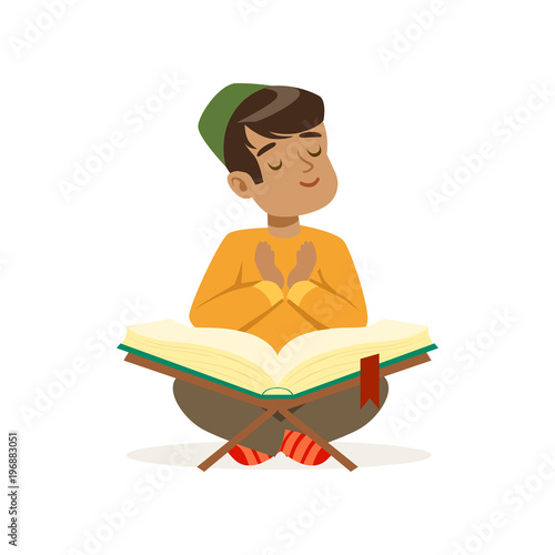 Little muslim boy sitting on floor with crossed legs and studying Koran. Islamic religion. Kid wearing national headdress. Cartoon child character. Flat vector design