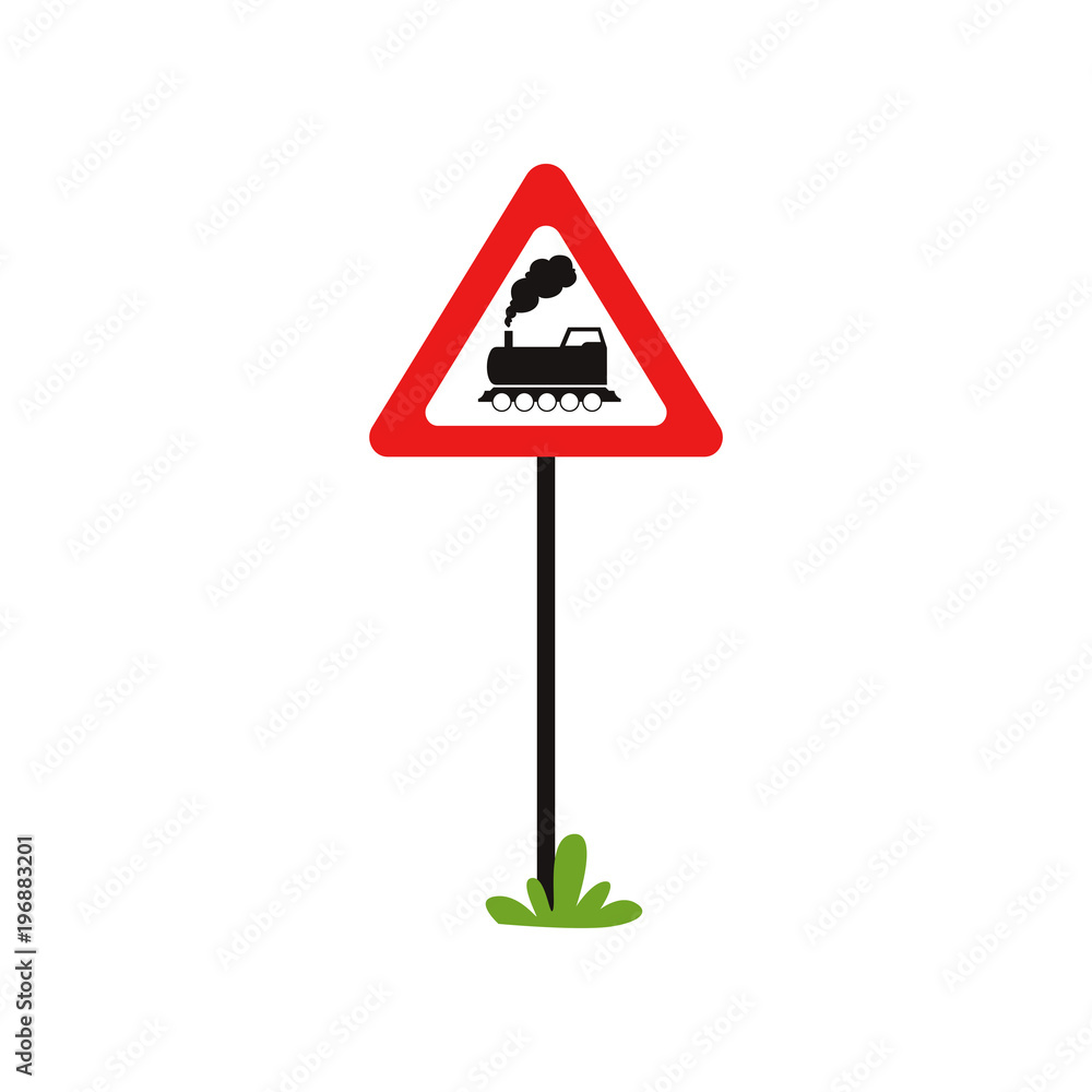 Triangular road sign with train without barrier . Railroad crossing ahead. Flat vecrtor element for mobile game or book of traffic rules