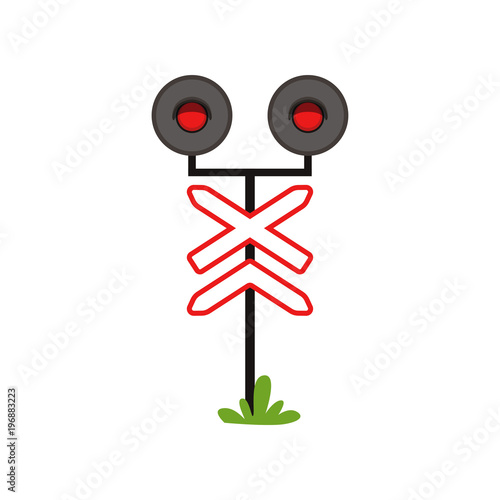 Icon of railway warning sign with lights. Red prohibitive signal. Flat vector design for infographic poster, mobile app or educational book