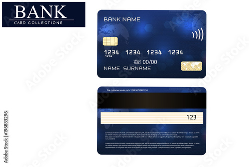 Credit card blue isolated on white background . Vector, eps 10. Detailed glossy credit card concept. Abstract design for business, payment history, shopping malls, web, print.