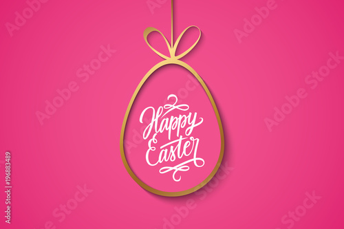 Easter celebrate banner with golden easter egg and handwritten holiday wishes of a Happy Easter on pink background. Vector illustration.