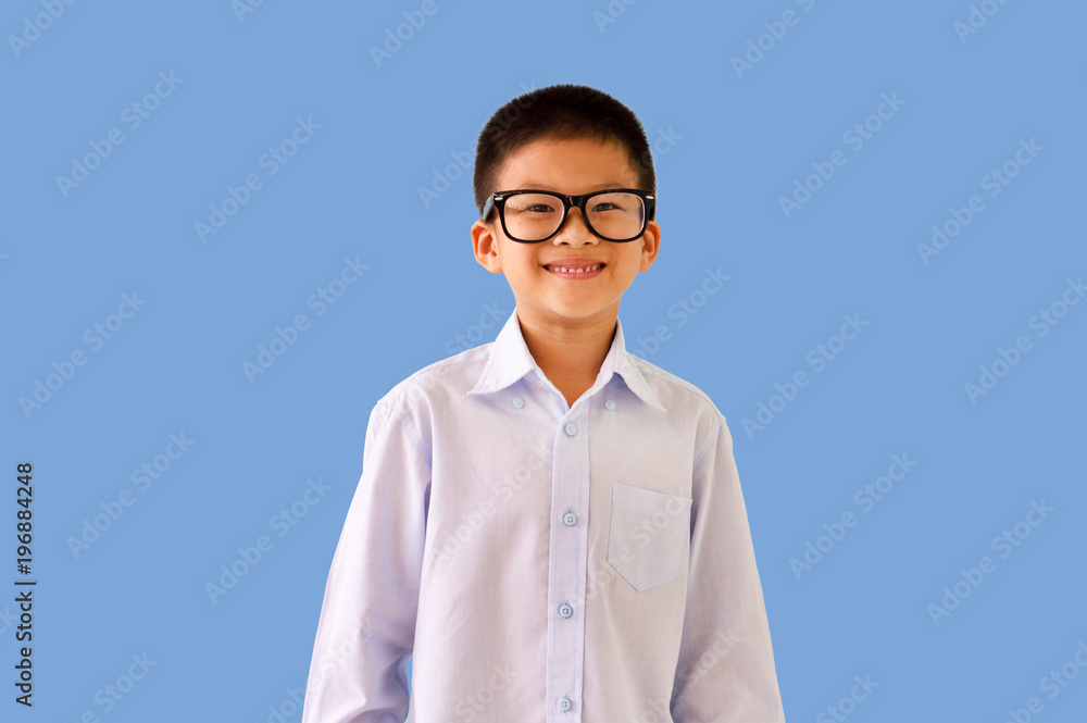 Handsome asian kid wear eye glasses with smiley face selective