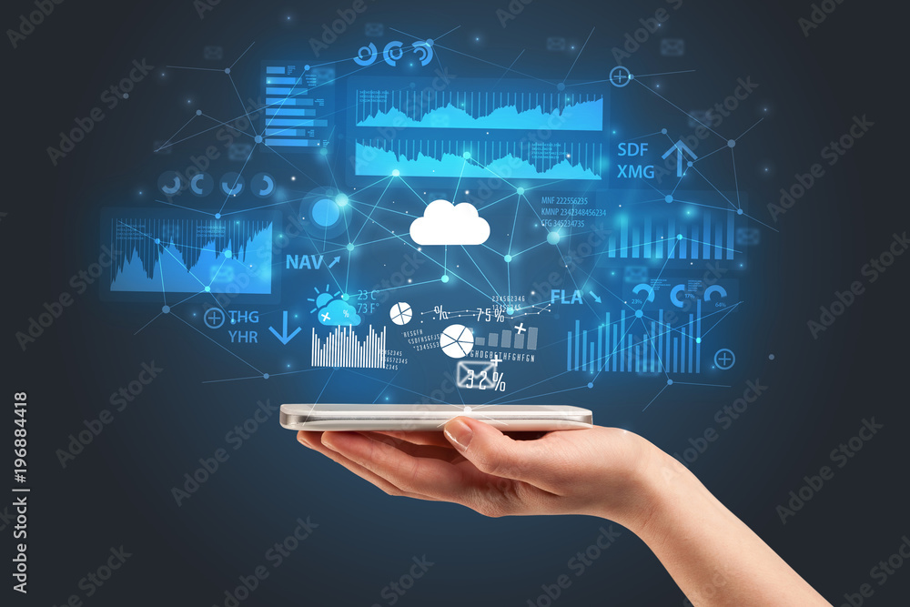 Hand using phone with application icons flying around Hand using phone with application icons flying around