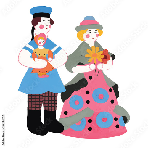 Vector illustration of Russian national souvenir lady and cavalier.Manual work of gouache on white background. Dymkovo toy, Russian national folklore