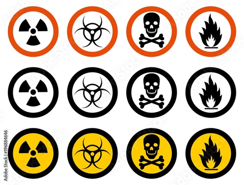 Industry concept. Set of different signs: chemical, radioactive, dangerous, toxic, poisonous, hazardous substances. Vector illustration.