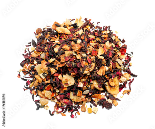 Heap of dry hibiscus tea leaves with fruits on white background