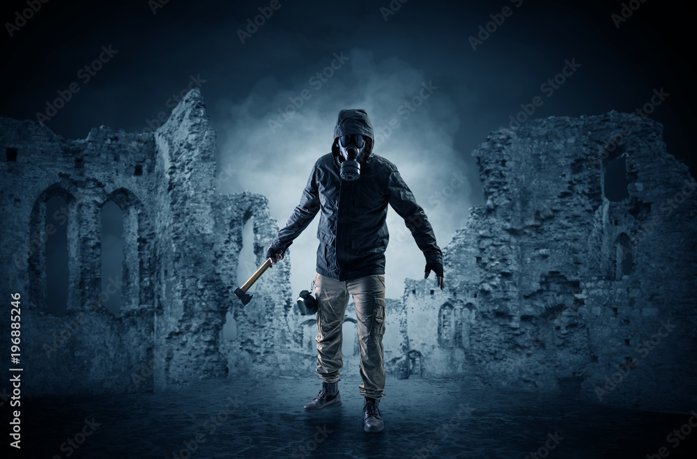 Fototapeta premium Ruined wallpaper with hazard man