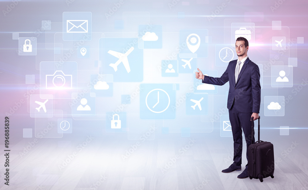 Businessman departs to a business trip with symbols Businessman departs to a business trip with symbols
