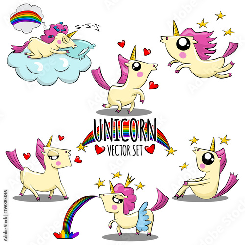 Cute magic unicorn with pink hair, rainbow, stars and hearts. Vector cartoon set isolated on a white background.