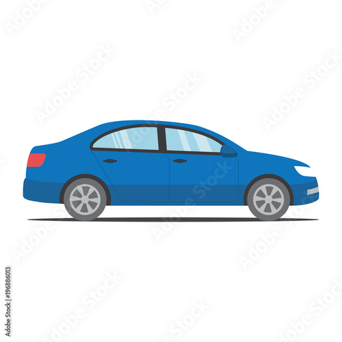 Simple modern blue car with shadow. Car in flat design. Isolated background. 