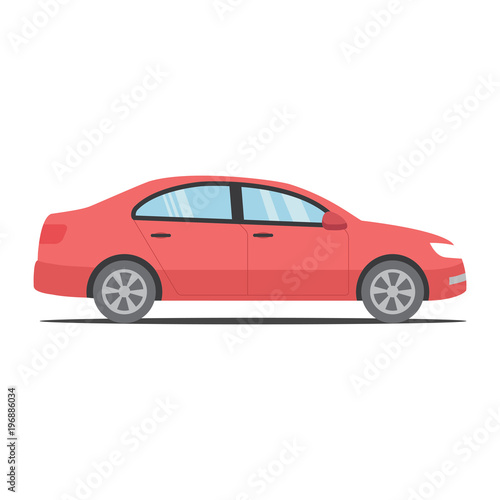 Simple modern red car with shadow. Car in flat design.  Isolated background.  © tolgabarin