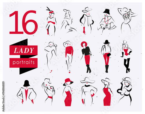 Vector artistic hand drawn stylish young lady portrait set isolated on white background. Fashion girl model icon. Woman in hat. Beauty illustration, logo design. Fashion poster, placard, banner.