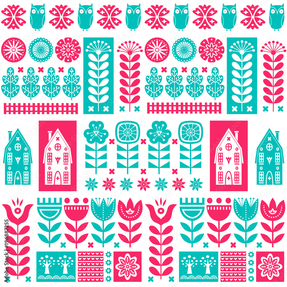 Scandinavian folk art seamless vector pattern with flowers, trees, owl, houses with decorative elements in simple style
