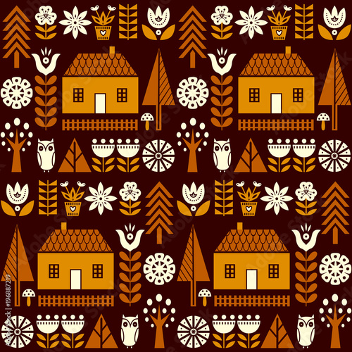 Scandinavian folk art seamless vector pattern with flowers, trees, mushrooms, owl, houses and rural scenery in simple style