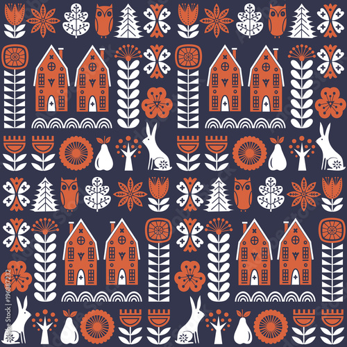 Scandinavian folk art seamless vector pattern with flowers, trees, rabbit, owl, houses and rural scenery in simple style