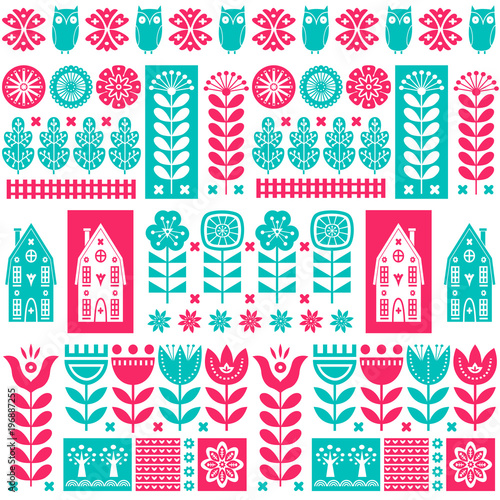 Scandinavian folk art seamless vector pattern with flowers  trees  owl  houses with decorative elements in simple style