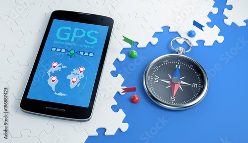 GPS Via Mobile App. 3D rendering graphic illustration on the subject of 'Global Positioning System'.