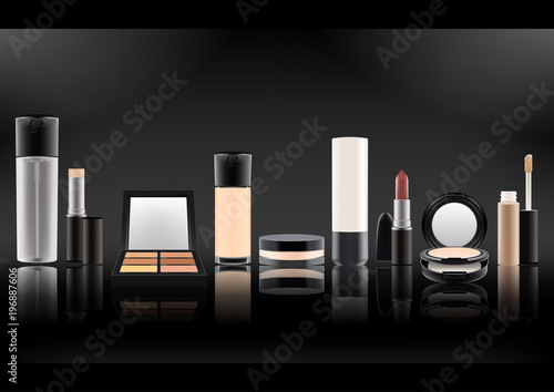 Vector illustration.Set of realistic cosmetic bottles.Plastic,matte transparent,glass with black lid.Mineral powder,lipstick,spray with dispenser,foundation,concealer.On a black backlit background.