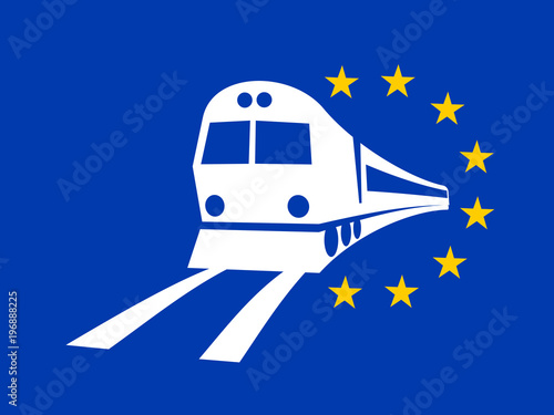 European Union and travelling and transportation by train on the railway and railroad. Vector illustration of simple pictogram of locomotive and EU flag.