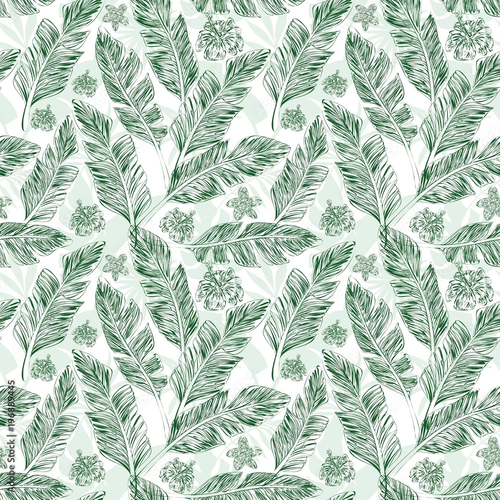 Green palm leaves hibiscus plumeria tropical background seamless