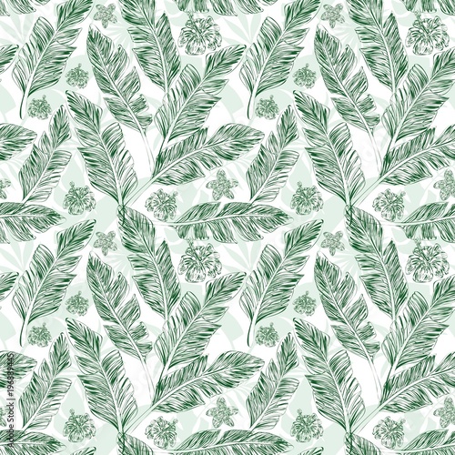 Green palm leaves hibiscus plumeria tropical background seamless