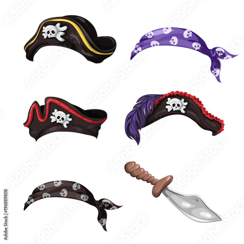 Cartoon pirate hats, scarves with skulls and a knife.