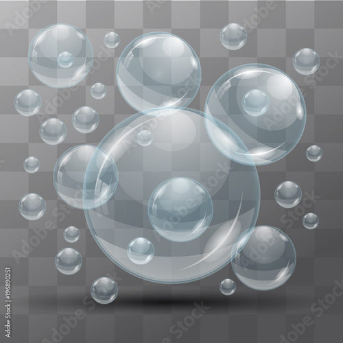 Transparent water bubbles on a black background. Isolated objects. Vector the background