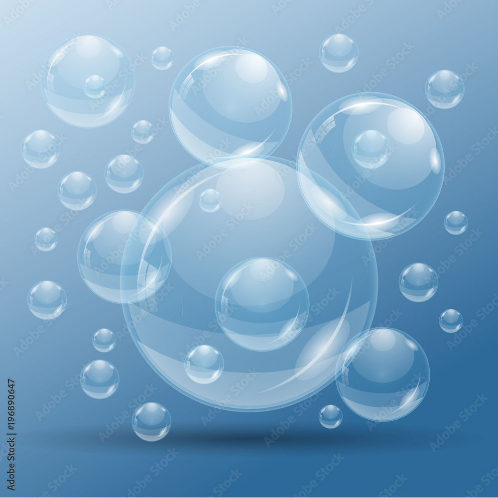 Sparkling water. Bubbles of water. The water molecule. Design elements. Vector background