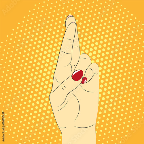 Hand gesture, crossed fingers against the background of pop art.