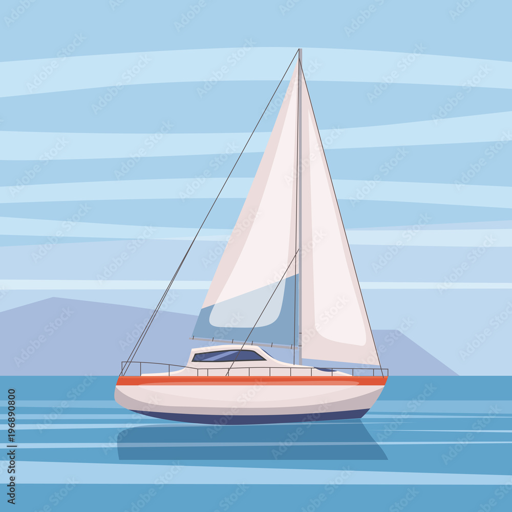 Sailing boat floating on water surface. Vector color illustration. Isolated. Cartoon style