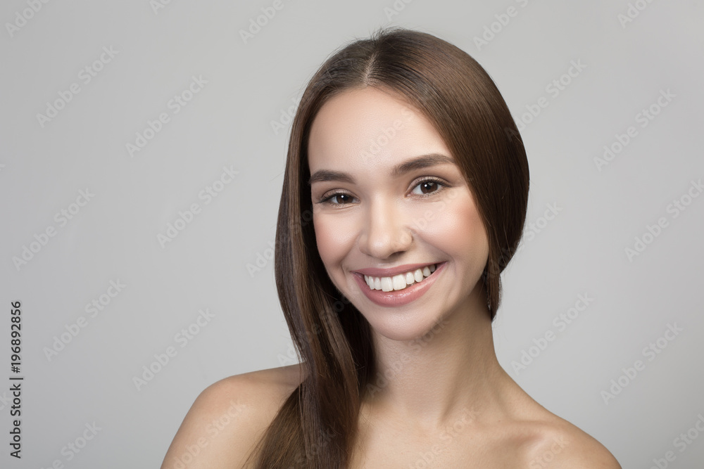 Great mood. Portrait of cheerful attractive young naked woman is looking at camera with joy. Isolated background. Haircare and natural beauty concept Great mood. Portrait of cheerful attractive young naked woman is looking at camera with joy. Isolated background. Haircare and natural beauty concept